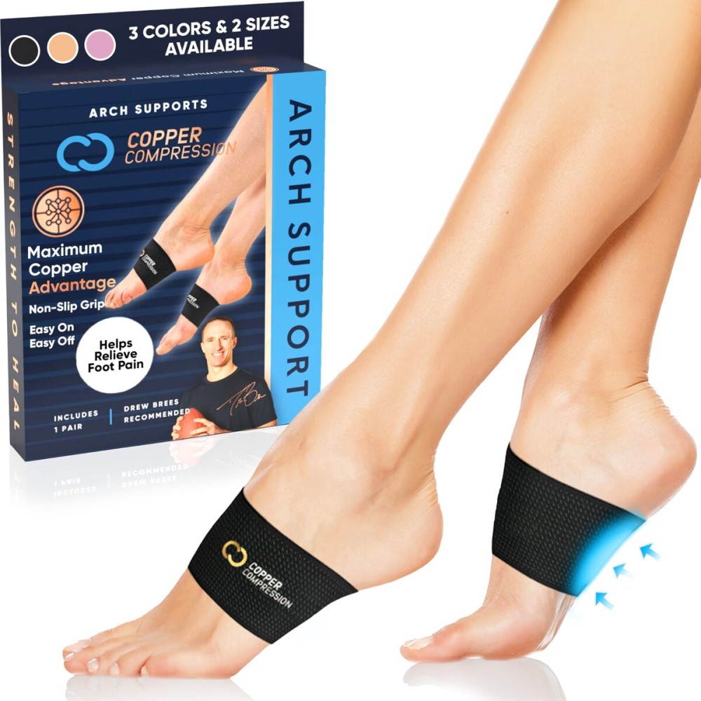 Copper Compression Copper Large Size Arch Support - 2 Pain Relief Foot Care Brace Sleeves for Plantar Fasciitis, Heel Spurs - Wider, Bigger Feet - Flat & Fallen Arches, High Arch - One Size Plus Black