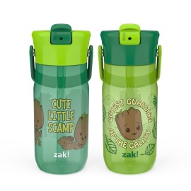 Zak Designs Harmony Marvel Groot Water Bottle for Travel or At Home, 18oz Recycled Plastic is Leak-Proof When Closed with Straw Lid and Carry Handle, 2-Pack (Groot)