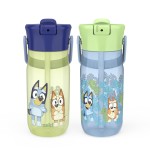 Zak Designs Harmony Bluey Water Bottle for Travel or At Home, 18oz Durable Plastic is Leak-Proof When Closed with Straw Lid and Carry Handle, 2-Pack (Bluey and Bingo)