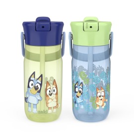 Zak Designs Harmony Bluey Water Bottle for Travel or At Home, 18oz Durable Plastic is Leak-Proof When Closed with Straw Lid and Carry Handle, 2-Pack (Bluey and Bingo)