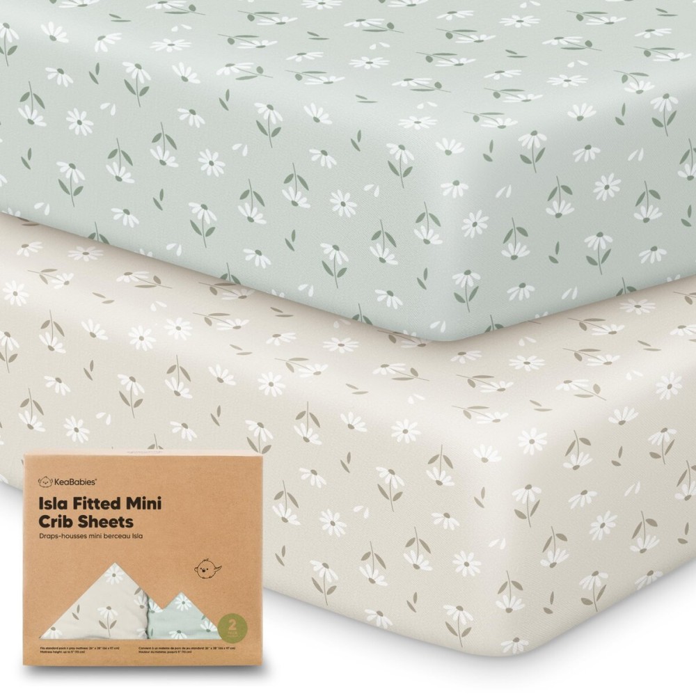 Pack and Play Sheets Fitted - 2-Pack Mini Crib Sheets for Pack N Play Mattress 38x26, Soft & Cozy, Neutral Toddler Playard Bedding, Snug Fitted Mini Baby Crib Mattress Cover Boy, Girl (Daisies)