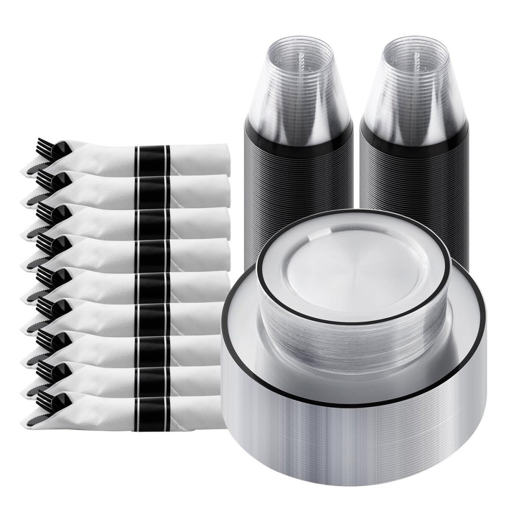Goodluck 175 Piece Black Plastic Dinnerware Set for Party, Clear Disposable Plates for 25 Guests, Include: 25 Dinner Plastic Plates, 25 Dessert Plates, 25 Pre Rolled Napkins with Cutlery Set, 25 Cups