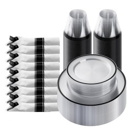 Goodluck 175 Piece Black Plastic Dinnerware Set for Party, Clear Disposable Plates for 25 Guests, Include: 25 Dinner Plastic Plates, 25 Dessert Plates, 25 Pre Rolled Napkins with Cutlery Set, 25 Cups