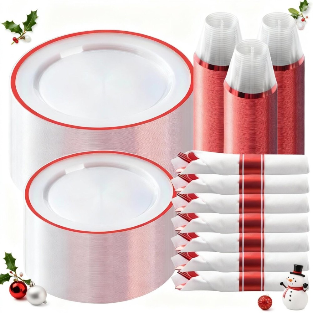 Goodluck 350 Piece Red Plastic Dinnerware Set for Party, Clear Disposable Plates for 50 Guests, Include: 50 Dinner Plastic Plates, 50 Dessert Plates, 50 Pre Rolled Napkins with Cutlery Set, 50 Cups