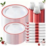 Goodluck 350 Piece Red Plastic Dinnerware Set for Party, Clear Disposable Plates for 50 Guests, Include: 50 Dinner Plastic Plates, 50 Dessert Plates, 50 Pre Rolled Napkins with Cutlery Set, 50 Cups