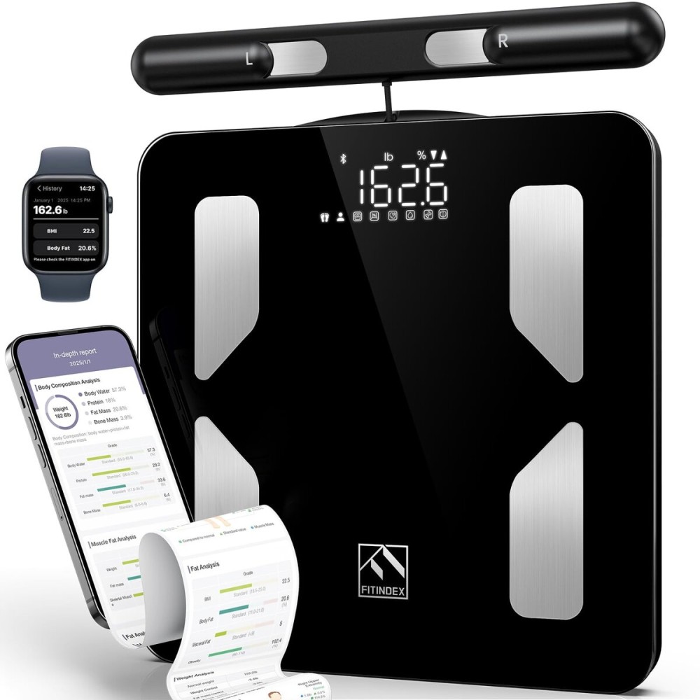 FITINDEX Body Composition Scale for Body Weight, Smart 8-Electrodes with BMI, Body Fat, Muscle Mass, 50 Composition Measurements, Bluetooth