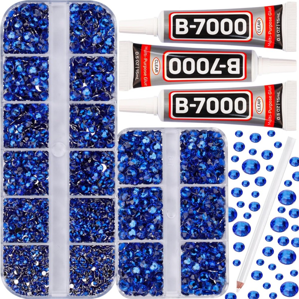 7500Pcs Blue Rhinestones Flatback with b-7000 Jewelry Glue for Crafts Clothing Clothes Fabric Tumblers, Royal Dark Navy Blue Flat Back Gems, Crystals Diamonds Different Sizes 6/10/16/20 ss, Non Hotfix