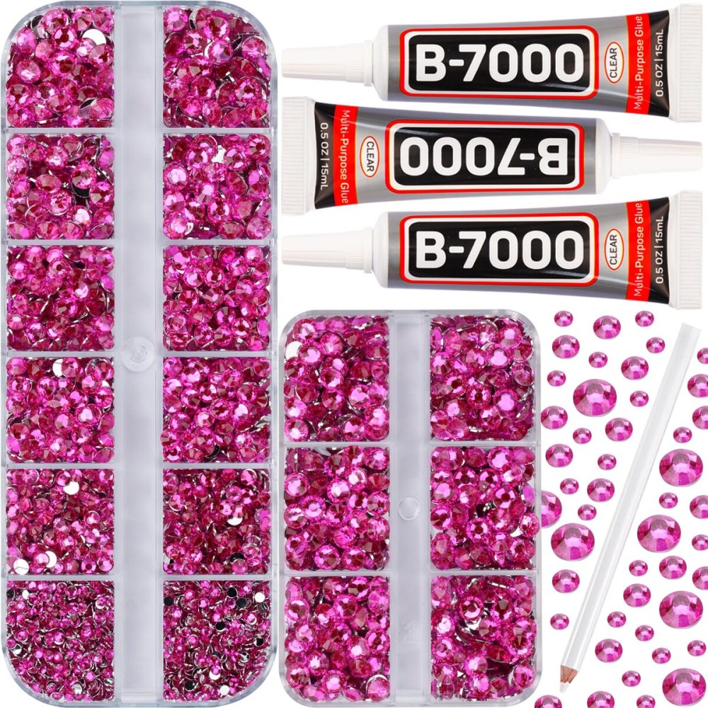 b-7000 Glue on 7500Pcs Hot Pink Rhinestones Flatback for Crafts Clothing Clothes Fabric Shoes Jerseys, Crystals Diamonds Gems Flat Back Rhinestone Kit Multi Sizes SS 6 to SS 20