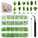 qiipii 3180Pcs Light Green Nail Rhinestones Multi Shapes Crystal Grass Green Flatback K9 Glass Rhinestones Gems Round Beads Stones Diamonds jewels w Wax Pen for Nails Face Eye Makeup Clothes Shoes DIY