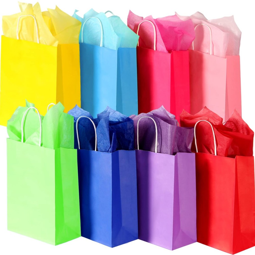 BLEWINDZ 32Pcs 10.6 Medium Gift Bags with Tissues, Paper Party Favor Bags with Handles, Rainbow Goodie Bag for Birthday, Wedding, Party Supplies