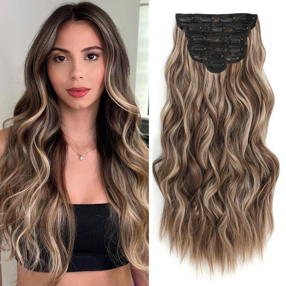 Fliace Clip in Long Wavy Synthetic Hair Extensions 20 Inch Light Brown with Blonde Highlights 6PCS Thick Hairpieces Fiber Double Weft Hair for Women