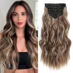 Fliace Clip in Long Wavy Synthetic Hair Extensions 20 Inch Light Brown with Blonde Highlights 6PCS Thick Hairpieces Fiber Double Weft Hair for Women