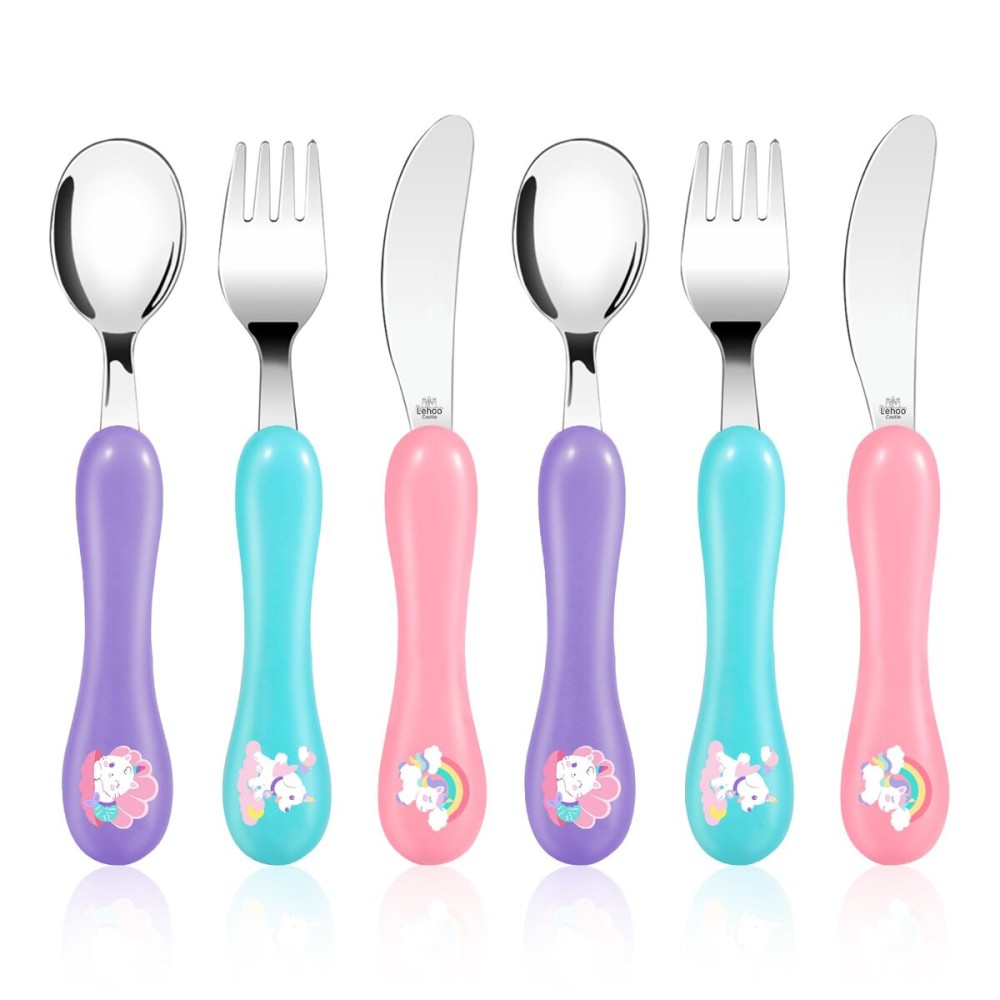 Lehoo Castle 6 Pieces Toddler Utensils, Kids Silverware for 2 3 4 Years Old, Stainless Steel Knife Fork and Spoon Set with Plastic Handle, Safe Toddler Cutlery (Light Pink)