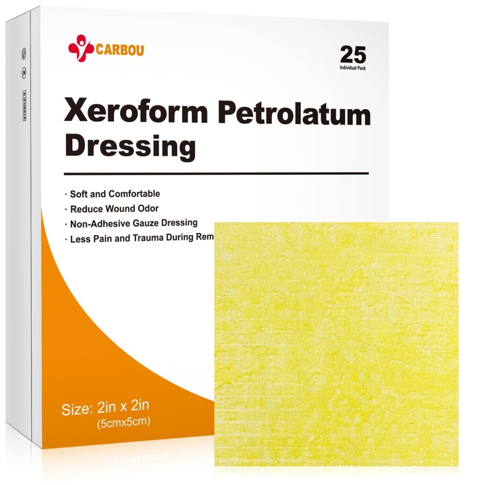 Carbou Medical Xeroform Petrolatum Dressing 2x2, 25 Individual Pack, Non-Adherent Gauze Pads, Soft Fine Mesh Gauze Patch for Wound Care, Burns, Lacerations, Skin Grafts & Surgical Incisions