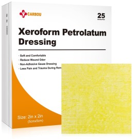 Carbou Medical Xeroform Petrolatum Dressing 2x2, 25 Individual Pack, Non-Adherent Gauze Pads, Soft Fine Mesh Gauze Patch for Wound Care, Burns, Lacerations, Skin Grafts & Surgical Incisions