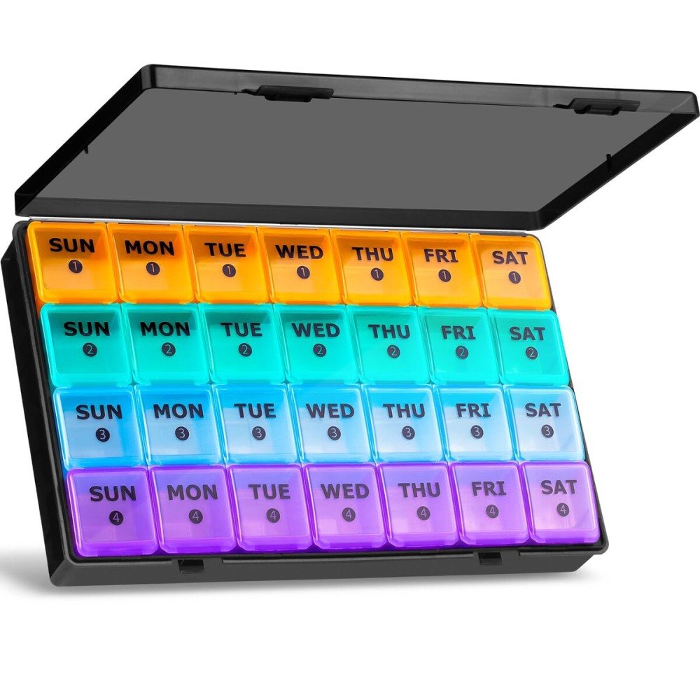 XL Large Monthly Pill Organizer 4 Weeks, 28 Day Pill Organizer Weekly, Big Compartment with Travel Case, 7 Day Pill Dispenser 4 Times a Day, Medicine Organizer Box for Vitamin, Fish Oil Black