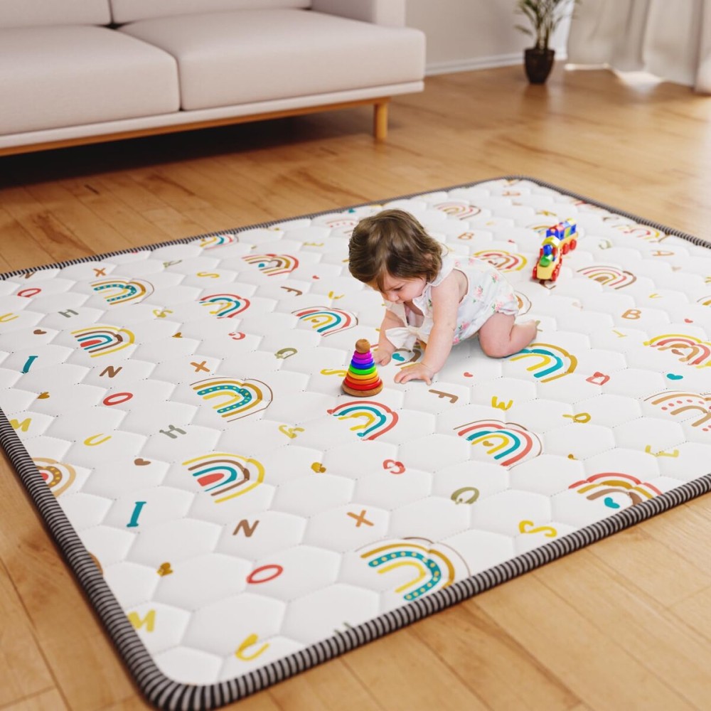 ieBabay Boho Rainbow Baby Play Mat 71 X 59 Non-Slip Cushioned Baby Crawling Mat Letter Playmats, Kids Play Mats Pad for Floor Play Pen Infants Tummy Time Activity (White)