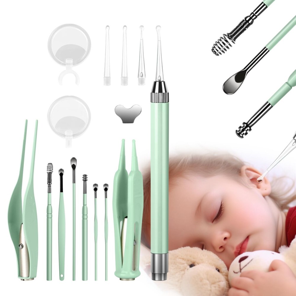 POZILAN Ear Cleaning Kit with LED Light - 15 Pack Ear Wax Removal Kit for Kids and Adults, Earwax Spoon Digger & Tweezers for Ear Cleaning Tool Present SetGreen