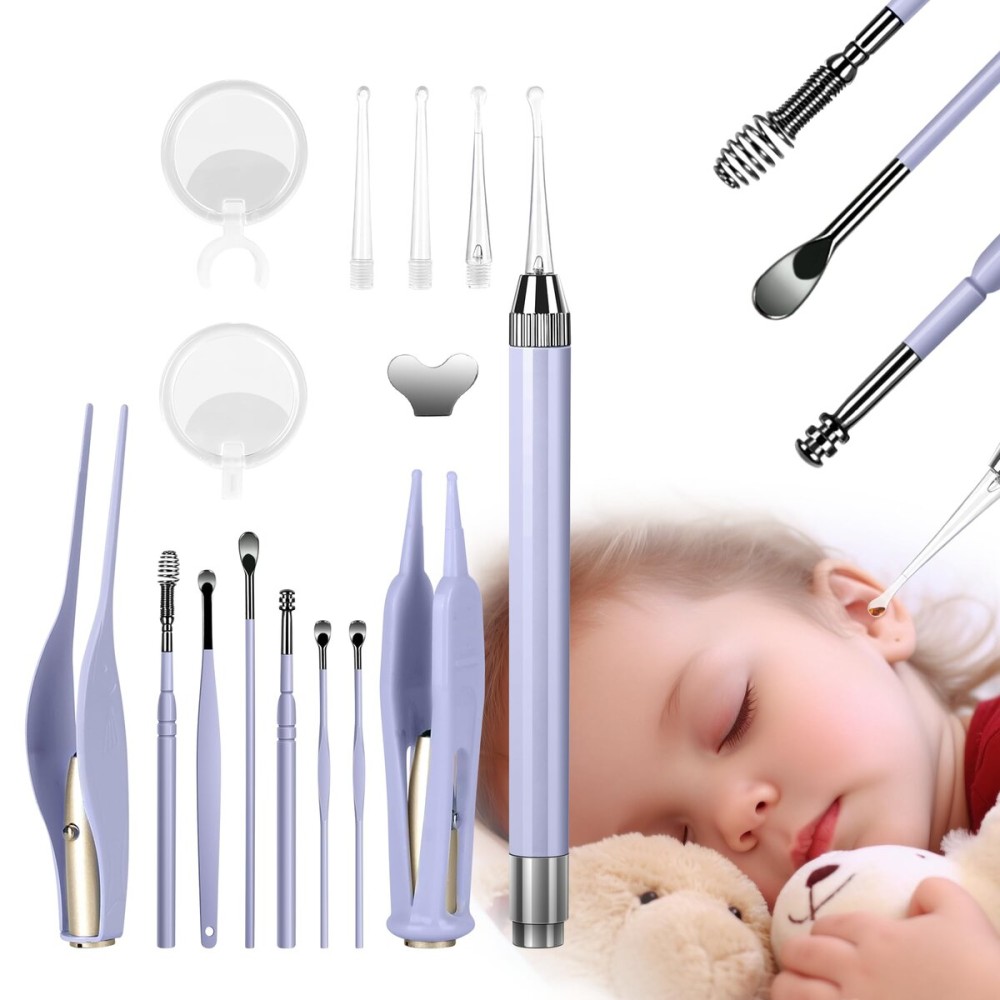 POZILAN Ear Cleaning Kit with LED Light - 15 Pack Ear Wax Removal Kit for Kids and Adults, Earwax Spoon Digger & Tweezers for Ear Cleaning Tool Present SetPurple