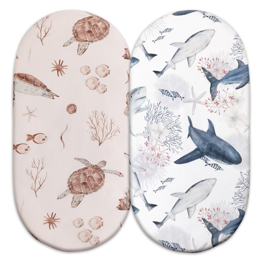 Gllquen Baby Bassinet Sheets Set 2-Pack, Breathable Cozy Bassinet Fitted Sheet Universal Fit Standard Mattress Oval Rectangle Cradle Baby Sheets for Baby Boy Girls Unisex 32x16 (Sea Turtle)