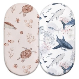 Gllquen Baby Bassinet Sheets Set 2-Pack, Breathable Cozy Bassinet Fitted Sheet Universal Fit Standard Mattress Oval Rectangle Cradle Baby Sheets for Baby Boy Girls Unisex 32x16 (Sea Turtle)