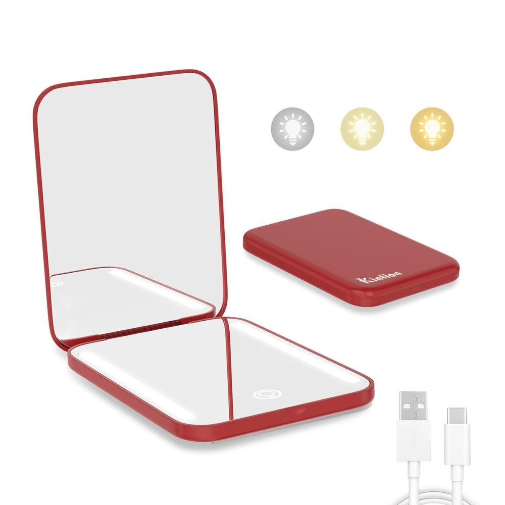 Kintion Rechargeable Pocket Mirror, Double Sided 1X/3X Magnification Compact Vanity Mirror, 3 Color Lights, Dimmable, Small Portable Wallet Mirror, Lighted Travel Mirror for Women Gifts, Wine Red