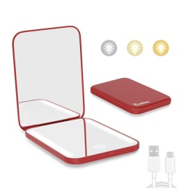 Kintion Rechargeable Pocket Mirror, Double Sided 1X/3X Magnification Compact Vanity Mirror, 3 Color Lights, Dimmable, Small Portable Wallet Mirror, Lighted Travel Mirror for Women Gifts, Wine Red
