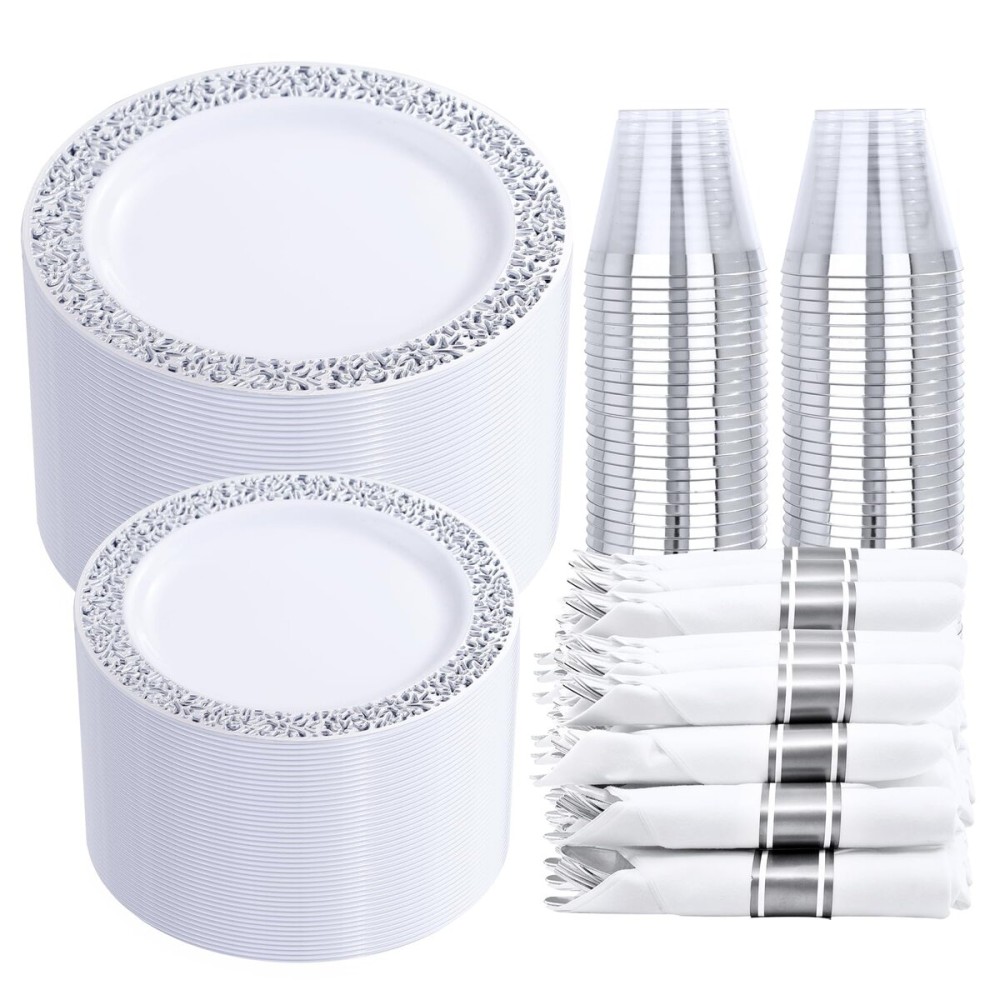 DaYammi 210PCS Silver Plastic Dinnerware Set, Silver Disposable Plates, Includes:30 Dinner Plates,30 Salad Plates,30 Cups 9 OZ and 30 Pre Rolled Napkins with Cutlery Heavy Duty for Party