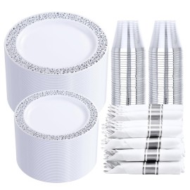 DaYammi 210PCS Silver Plastic Dinnerware Set, Silver Disposable Plates, Includes:30 Dinner Plates,30 Salad Plates,30 Cups 9 OZ and 30 Pre Rolled Napkins with Cutlery Heavy Duty for Party