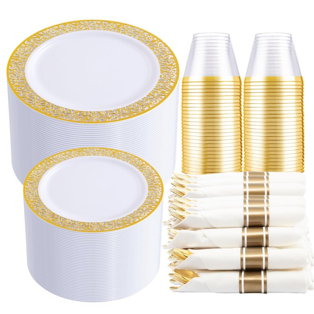 DaYammi 210 PCS Thanksgiving Gold Plastic Plates, Thanksgiving Plastic Dinnerware Sets, Includes: 30 Dinner Plates, 30 Salad Plates, 30 Pre Rolled Napkins with Gold Silverware and 30 Cups 9 OZ