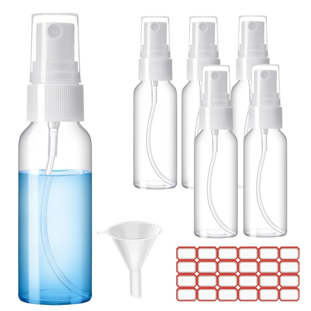 Zoizocp Spray Bottles, 4oz/120ml Clear Empty Fine Mist Plastic Mini Travel Bottle Set, Small Refillable Liquid Containers with 2pcs Funnels and 24pcs Labels (6 Pack)