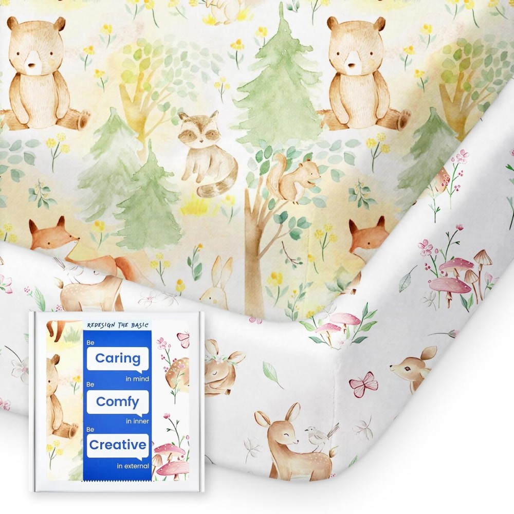 TotBasic Mini Crib Sheets 24x38, Ultra Soft Pack N Play Sheets Fitted Boy Girl, Neutral Pack and Play Mattress Sheets, Premium Jersey Knit Portable Crib Sheets Hypoallergenic, Forest Bear & Deer
