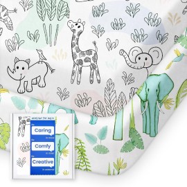 TotBasic Mini Crib Sheets Boy Girl, Ultra Soft Pack N Play Sheets Fitted, Neutral Pack and Play Mattress Sheets, Premium Jersey Knit Portable Crib Sheets, Secure and Cute, Elephant & Cartoon Safari