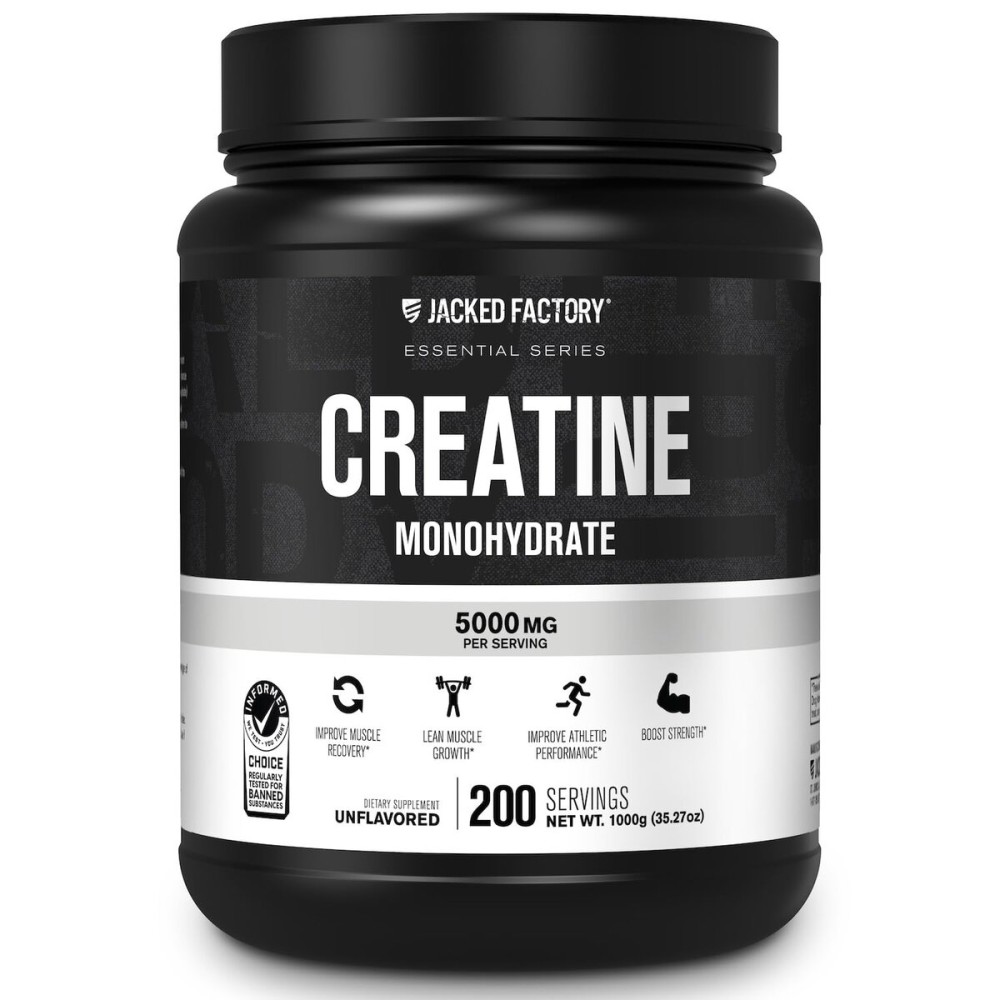 Jacked Factory Creatine Monohydrate Powder 1000g - 5g Daily Creatine Supplement for Men and Women, Vegan-Friendly, Third-Party Tested - 200 Servings, Unflavored