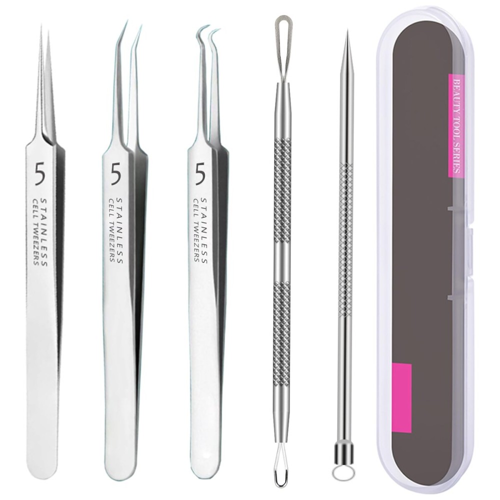 5pcs Blackhead Remover Tweezers Pimple Popper Tool Kit, Precision Acne Needle Comedone Blackhead Tweezers Extractor Removal Whitehead Popping Zit for Nose Face Skin Blemish Extractor Tool - Glossy