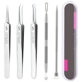 5pcs Blackhead Remover Tweezers Pimple Popper Tool Kit, Precision Acne Needle Comedone Blackhead Tweezers Extractor Removal Whitehead Popping Zit for Nose Face Skin Blemish Extractor Tool - Glossy