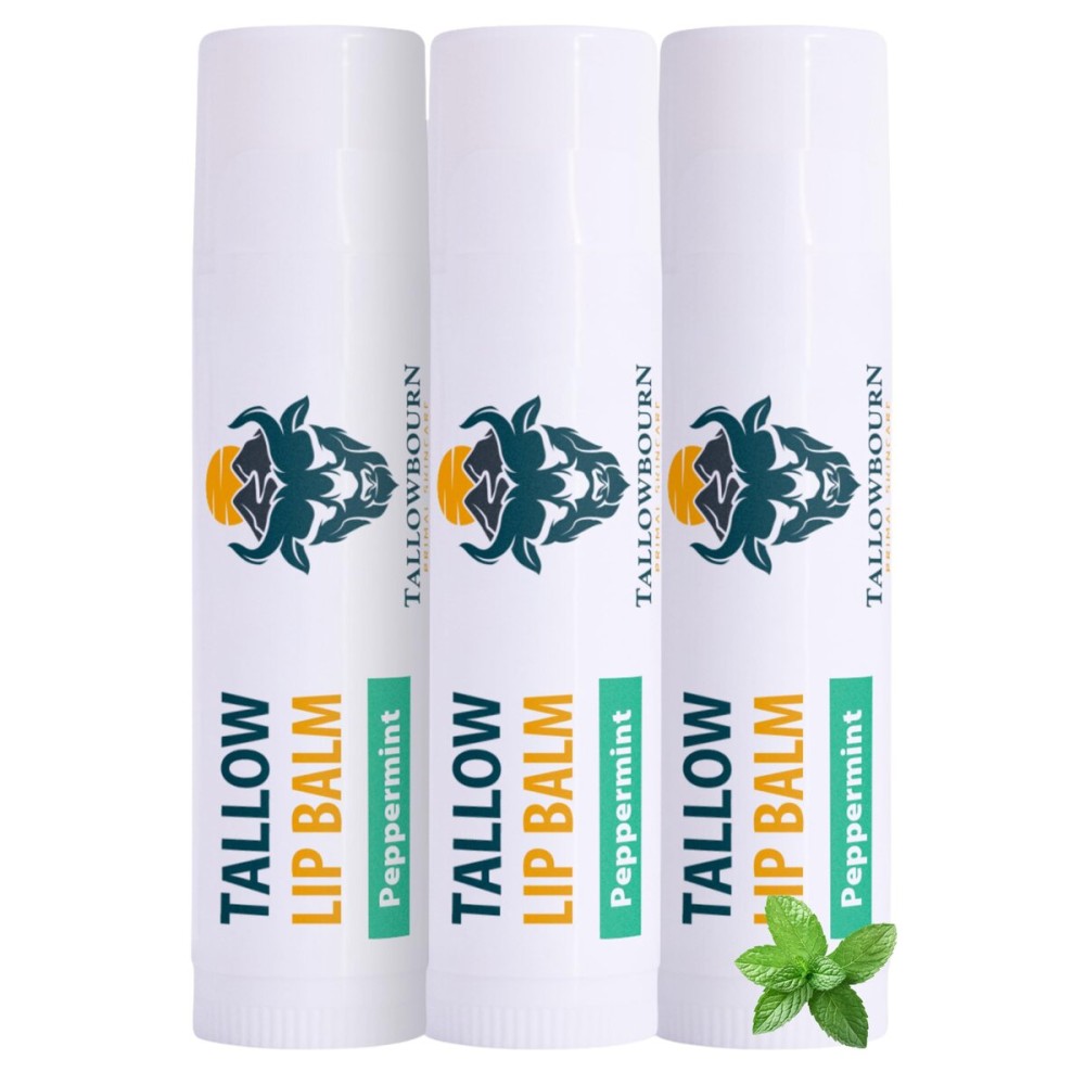 Tallowbourn Moisturizing Tallow Lip Balm - Grass-Fed Beef Tallow with Organic Coconut Oil, Beeswax, and Vitamin E - Peppermint - Lip Balm Set - Travel Essential - 3-Pack