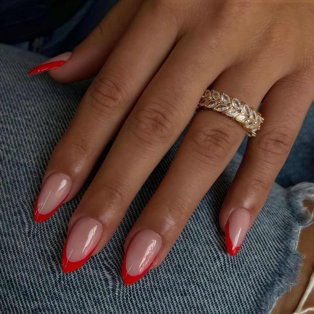 Red French Tip Nails Short Almond Press Ons Glue Ons DIY Acrylic Gel Nails, Natural Thick Extra Short Fake 30Pcs 15 Sizes