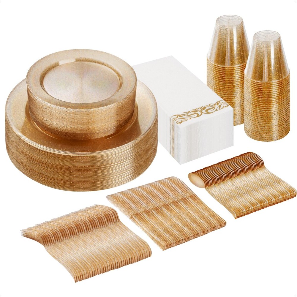 Goodluck 175 Piece Dinnerware Set for 25 Guests, Plastic Plates Disposable for Party, Include: 50 Gold Glitter Plastic Plates, 25 Paper Napkins, 25 Cups, 25 Gold Glitter Silverware Set