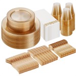 Goodluck 350 Piece Dinnerware Set for 50 Guests, Plastic Plates Disposable for Party, Include: 100 Gold Glitter Plastic Plates, 50 Paper Napkins, 50 Cups, 50 Gold Glitter Plastic Silverware Set