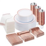 BESTVIP 350PCS Rose Gold Disposable Dinnerware Set for 50 Guests, Plastic Plates for Party, Wedding, Christmas, Include: 100 Plastic Plates, 50 Silver Silverware, 50 Cups, 50 Napkins