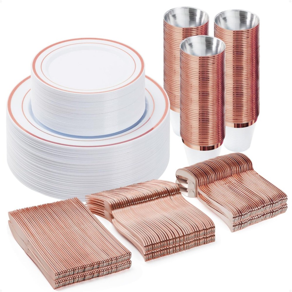BESTVIP 300PCS Plastic Dinnerware Set (50 Guests), Rose Gold Disposable Plates for Party, Wedding, Christmas, Anniversary, Includes: Dinner Plates, Dessert Plates, Cups, Spoons, Forks and Knives
