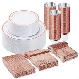 BESTVIP 300PCS Plastic Dinnerware Set (50 Guests), Rose Gold Disposable Plates for Party, Wedding, Christmas, Anniversary, Includes: Dinner Plates, Dessert Plates, Cups, Spoons, Forks and Knives