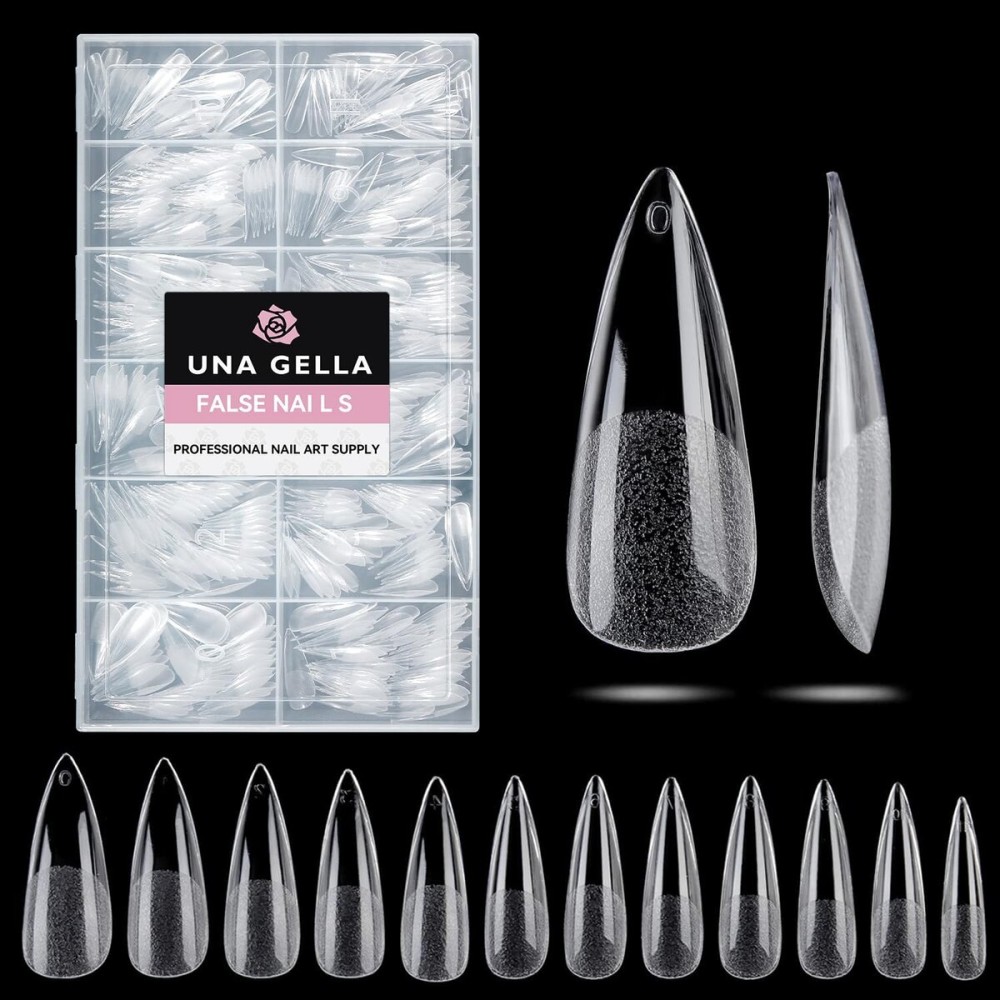 UNA GELLA Long Stiletto Gel Nail Tips Halloween Full Cover 504PCS Pre-shape Long Stiletto Almond Fake Clear Nails Tips No Need File Gel Tips No C Curve for Nail Extension DIY Art Salon 12 Sizes
