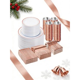 BESTVIP 600PCS Plastic Dinnerware Set (100 Guests), Rose Gold Disposable Plates for Party, Wedding, Christmas, Anniversary, Includes: Dinner Plates, Dessert Plates, Cups, Spoons, Forks and Knives