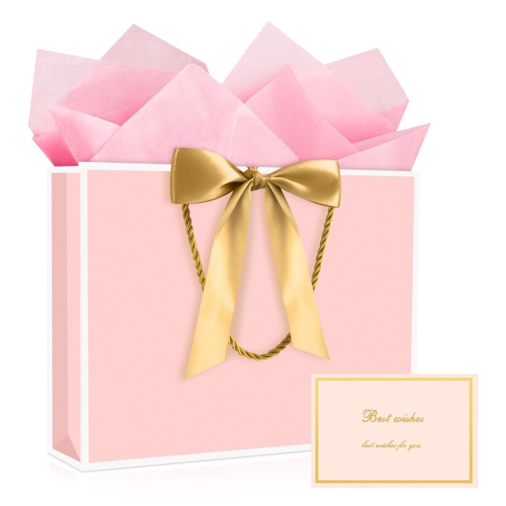 JMANNI Gift Bags, 1PCS Gift Bags Large with Ribbon and 1 Greeting Cards 2 Tissue Paper, Portable Paper Gift Bag with Handles, Birthday Gift Bags,Present Bags for Wedding Party Mothers Day