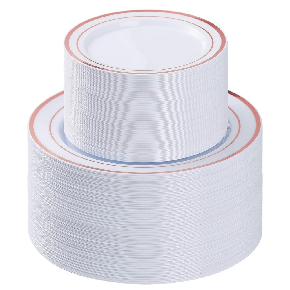 BESTVIP 200PCS Rose Gold Plastic Plate, Disposable Party Plates with 100 Dinner Plates and 100 Dessert Plates, Plastic Plates for Party, Wedding and Birthday