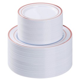 BESTVIP 200PCS Rose Gold Plastic Plate, Disposable Party Plates with 100 Dinner Plates and 100 Dessert Plates, Plastic Plates for Party, Wedding and Birthday