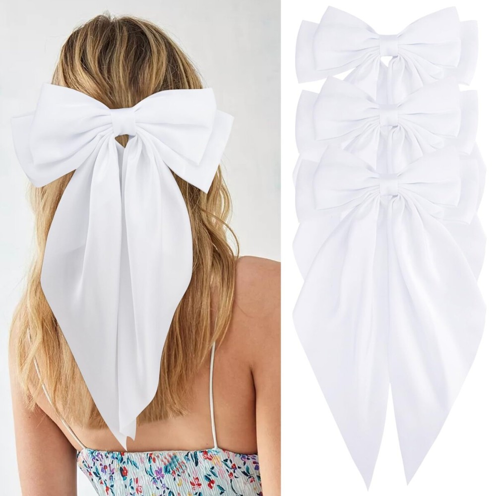 VELSCRUN Hair Bows for Women, 3Pcs Natural White Hair Clips, Big Hair Bows in Silky Satin, Oversized Long Tail Hair Barrettes, Hair Accessories, Christmas Gifts