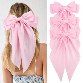 Velscrun 3Pcs Hair Bows for Women Pink Hair Bow Big Hair Bows Clips for Girls Silky Satin Large Hair Ribbons Oversized Long Tail Hair Bows Hair Barrettes Hair Accessories Christmas Gifts
